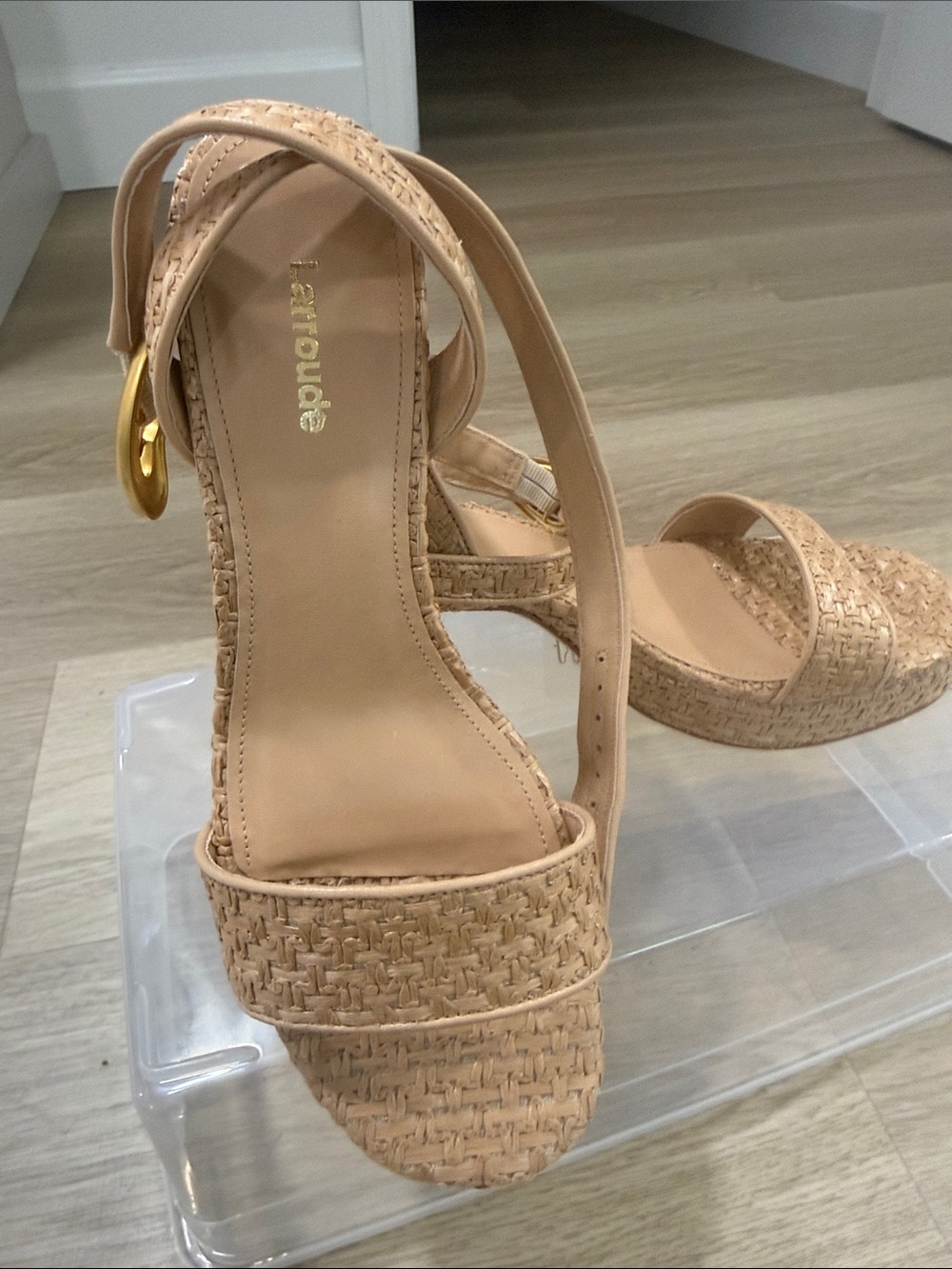 Larroude Beige Woven Platform Ankle-Strap Sandals